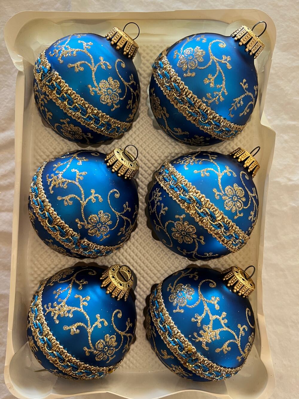 Vintage Christmas by Krebs Holiday Living Blue Gold Glass Ornaments 6pc USA